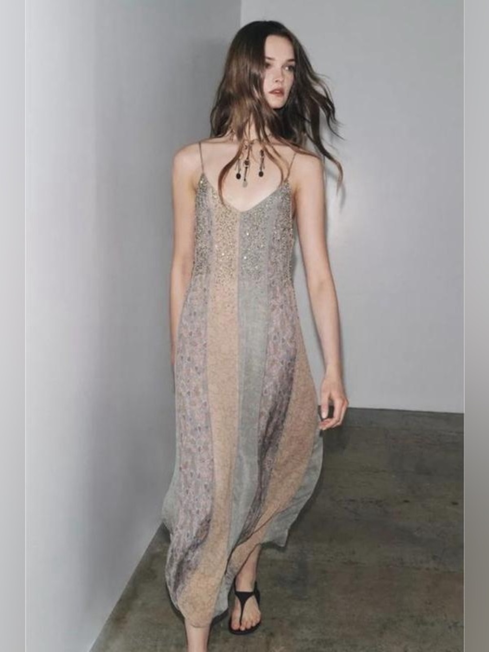 NWT. Zara ZW Collection Grey/Pink Beaded Camisole Midi Dress. Size L.